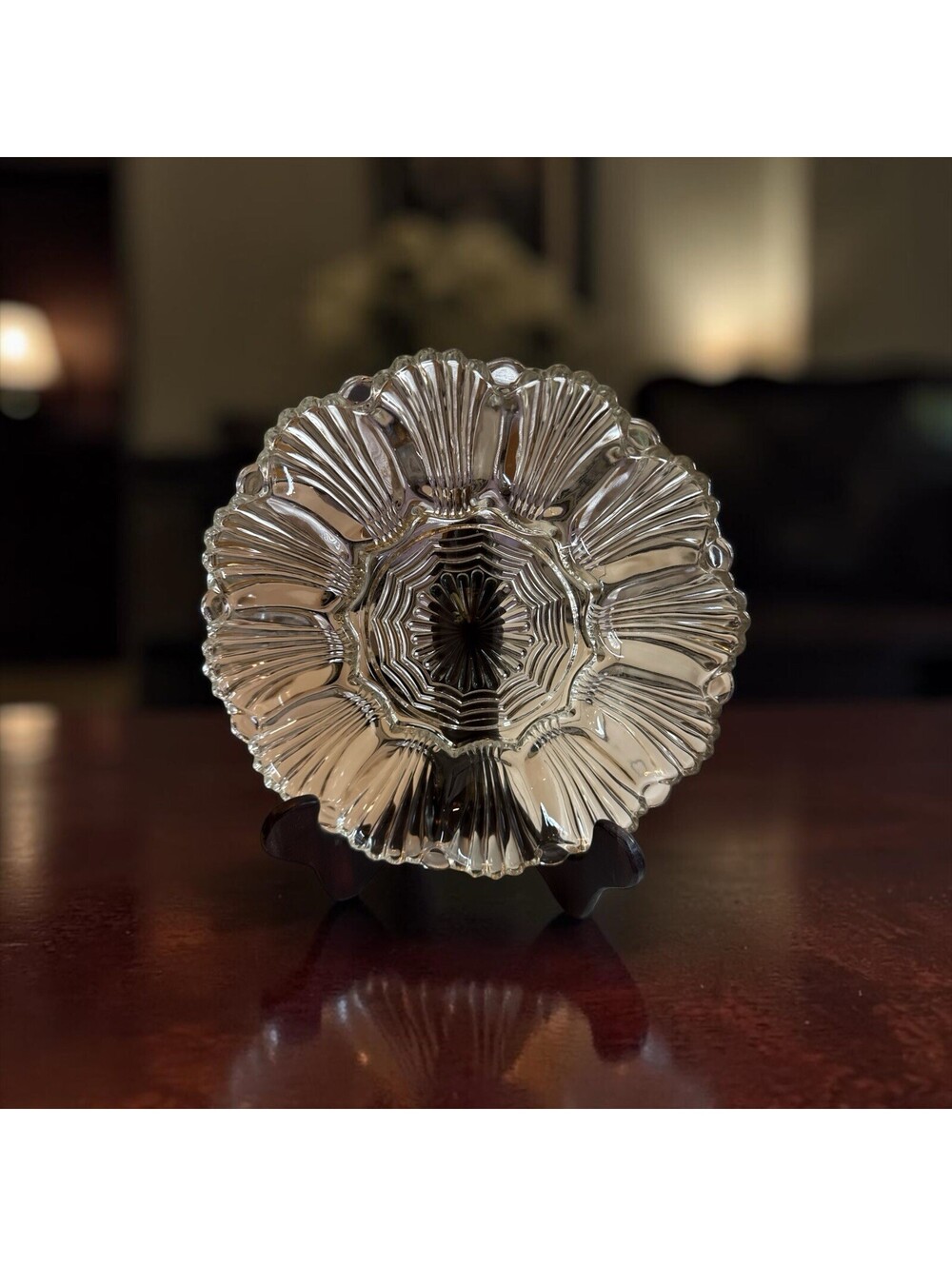 ANCHOR HOCKING CLEAR GLASS DEVILED EGG PLATE DISH SCALLOPED RIM 9.75"